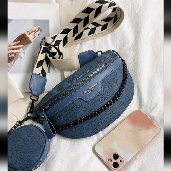 country Journey Boutique Handbags - NWT Blue Floral Embossed Crossbody Sling Bag